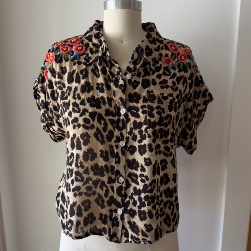 THML Floral Embroidery Leopard Print Crop Button Down Camp Shirt-Short Sleeve-S